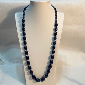 Vintage Trifari dark blue oblong glass bead necklace 30”